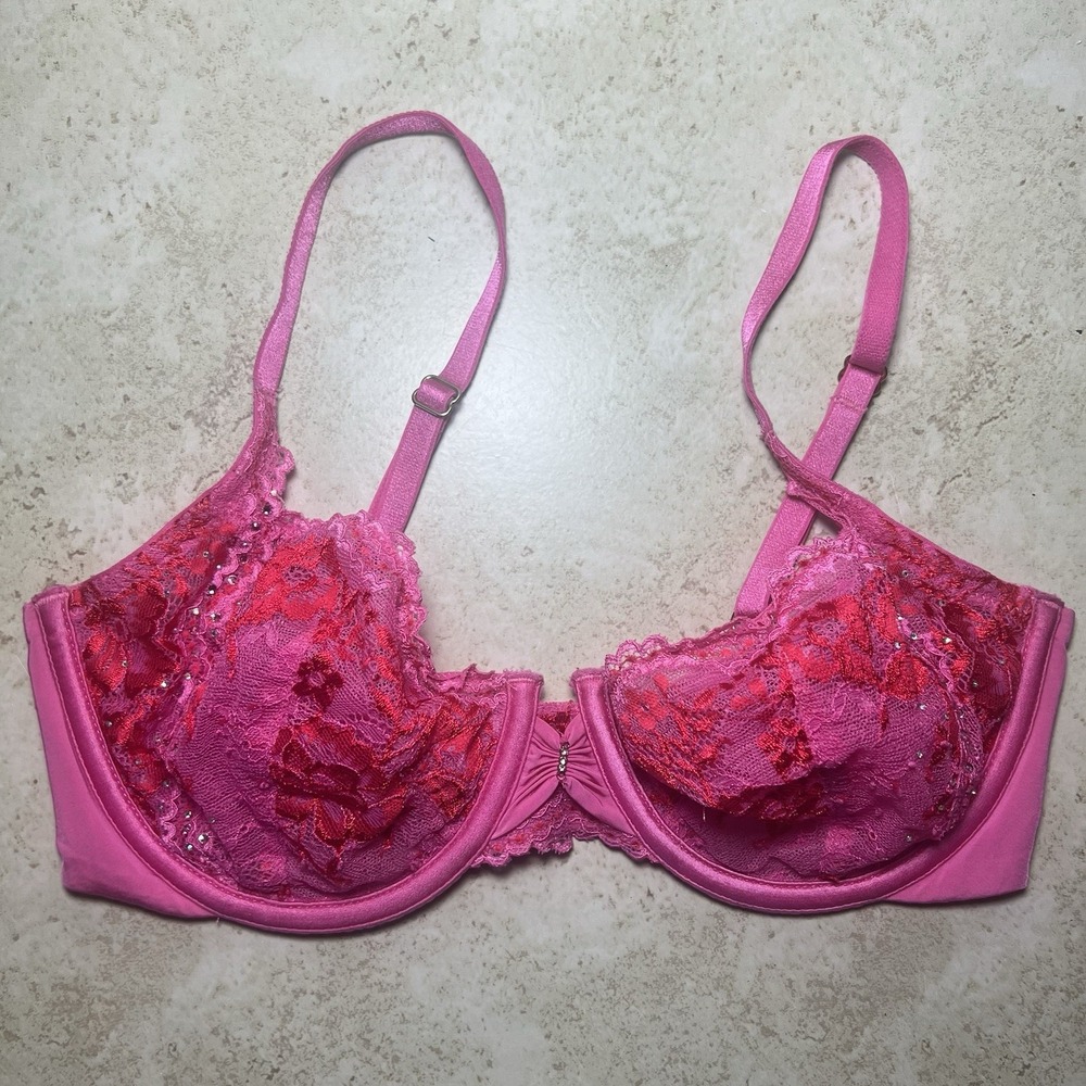 Victoria's Secret 32D Fuchsia Pink Lace Unlined Demi Bra With Rhinestone Details
